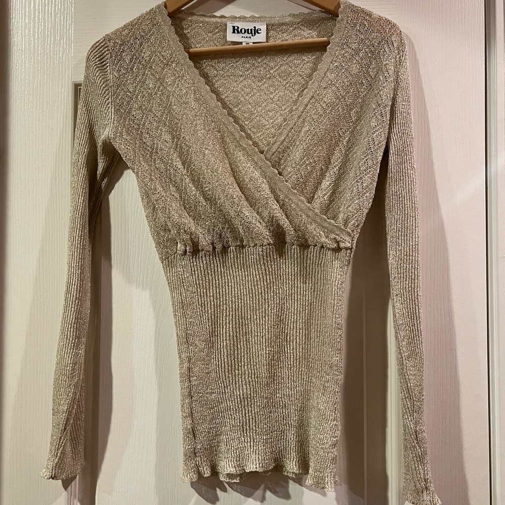 Rouje Paris Sheer Gold Glitter Knit Ribbed Blouse Sweater